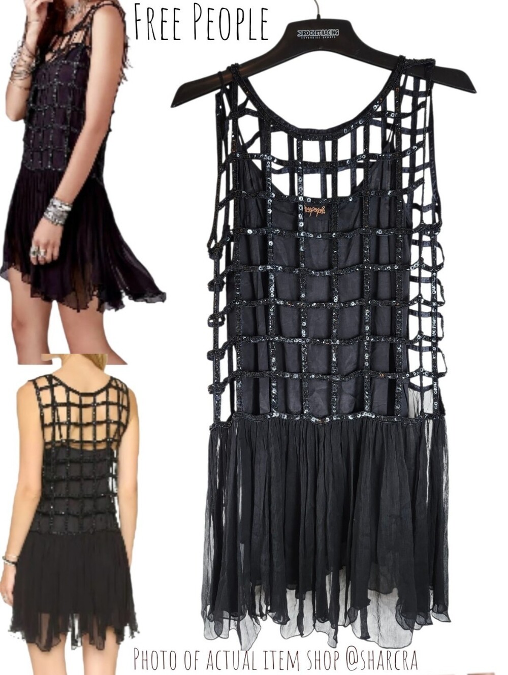 Free People Women's Caged Sequin Shell Drop Waist Dress OB419070S Black Mini S